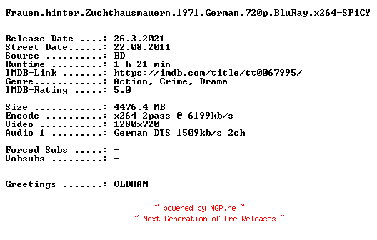 NFO for the release Frauen.hinter.Zuchthausmauern.1971.German.720p.BluRay.x264-SPiCY by SPiCY