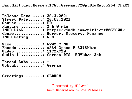 NFO for the release Das.Gift.des.Boesen.1963.German.720p.BluRay.x264-SPiCY by SPiCY
