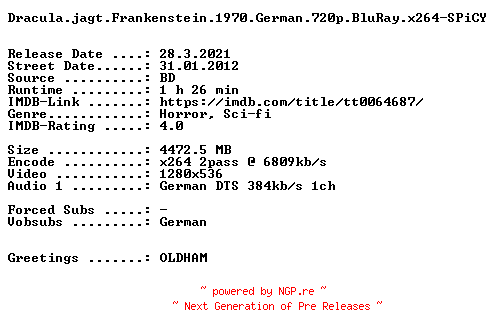 NFO for the release Dracula.jagt.Frankenstein.1970.German.720p.BluRay.x264-SPiCY by SPiCY