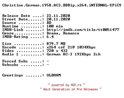 NFO for the release Christine.German.1958.AC3.BDRip.x264.iNTERNAL-SPiCY by SPiCY