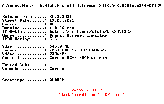 NFO for the release A.Young.Man.with.High.Potential.German.2018.AC3.BDRip.x264-SPiCY by SPiCY