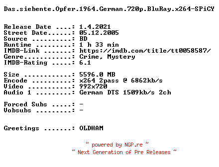 NFO for the release Das.siebente.Opfer.1964.German.720p.BluRay.x264-SPiCY by SPiCY