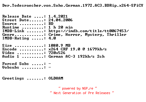 NFO for the release Der.Todesraecher.von.Soho.German.1972.AC3.BDRip.x264-SPiCY by SPiCY