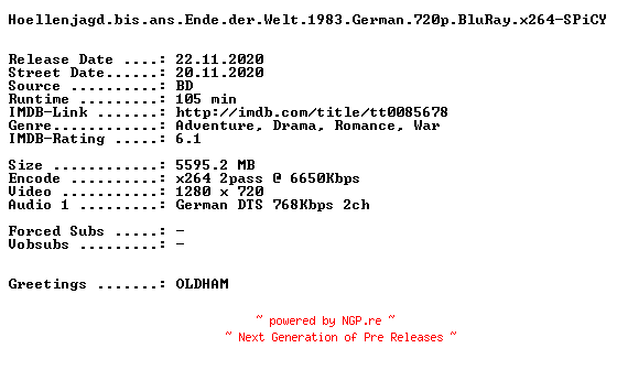 NFO for the release Hoellenjagd.bis.ans.Ende.der.Welt.1983.German.720p.BluRay.x264-SPiCY by SPiCY