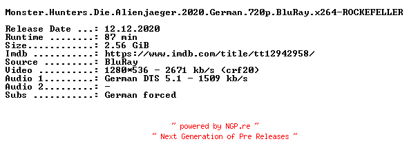 NFO for the release Monster.Hunters.Die.Alienjaeger.2020.German.720p.BluRay.x264-ROCKEFELLER by ROCKEFELLER