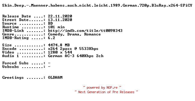 NFO for the release Skin.Deep.-.Maenner.habens.auch.nicht.leicht.1989.German.720p.BluRay.x264-SPiCY by SPiCY