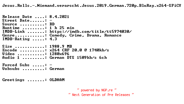 NFO for the release Jesus.Rolls.-.Niemand.verarscht.Jesus.2019.German.720p.BluRay.x264-SPiCY by SPiCY