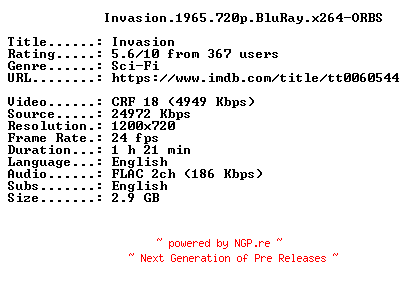 NFO for the release Invasion.1965.720p.BluRay.x264-ORBS by ORBS