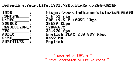 NFO for the release Defending.Your.Life.1991.720p.BluRay.x264-GAZER by GAZER