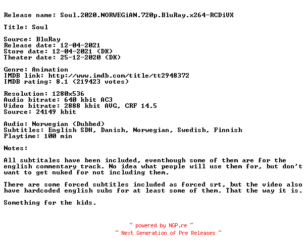 NFO for the release Soul.2020.NORWEGiAN.720p.BluRay.x264-RCDiVX by RCDiVX