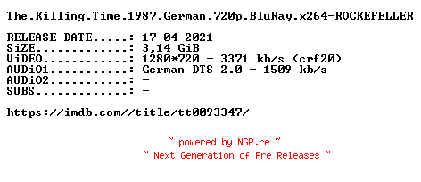 NFO for the release The.Killing.Time.1987.German.720p.BluRay.x264-ROCKEFELLER by ROCKEFELLER