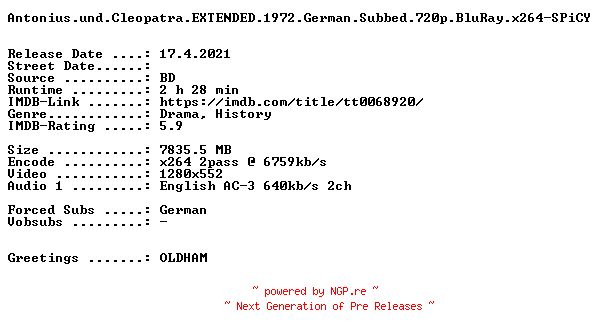 NFO for the release Antonius.und.Cleopatra.EXTENDED.1972.German.Subbed.720p.BluRay.x264-SPiCY by SPiCY