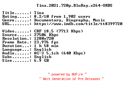 NFO for the release Tina.2021.720p.BluRay.x264-ORBS by ORBS