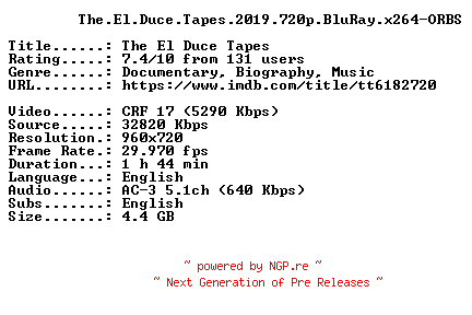 NFO for the release The.El.Duce.Tapes.2019.720p.BluRay.x264-ORBS by ORBS