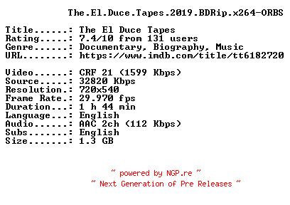 NFO for the release The.El.Duce.Tapes.2019.BDRip.x264-ORBS by ORBS
