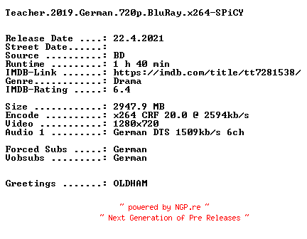 NFO for the release Teacher.2019.German.720p.BluRay.x264-SPiCY by SPiCY
