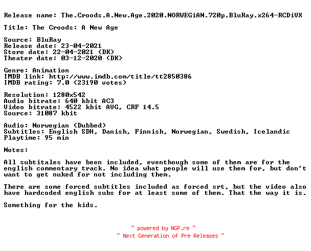 NFO for the release The.Croods.A.New.Age.2020.NORWEGiAN.720p.BluRay.x264-RCDiVX by RCDiVX