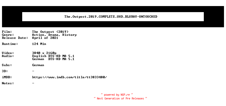 NFO for the release The.Outpost.2019.COMPLETE.UHD.BLURAY-UNTOUCHED by UNTOUCHED