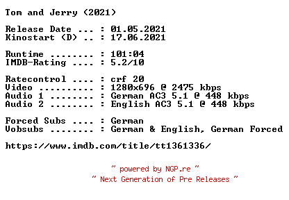 NFO for the release Tom.and.Jerry.2021.German.DL.720p.BluRay.x264-COiNCiDENCE by COiNCiDENCE