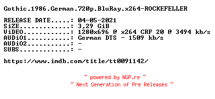 NFO for the release Gothic.1986.German.720p.BluRay.x264-ROCKEFELLER by ROCKEFELLER