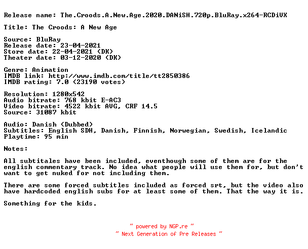NFO for the release The.Croods.A.New.Age.2020.DANiSH.720p.BluRay.x264-RCDiVX by RCDiVX