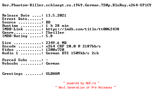 NFO for the release Der.Phantom-Killer.schlaegt.zu.1969.German.720p.BluRay.x264-SPiCY by SPiCY