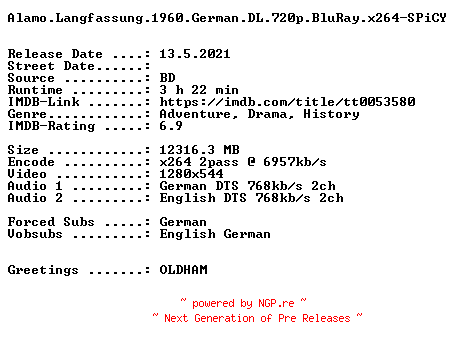 NFO for the release Alamo.Langfassung.1960.German.DL.720p.BluRay.x264-SPiCY by SPiCY