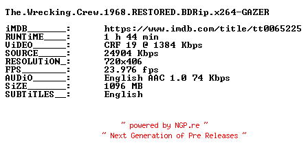 NFO for the release The.Wrecking.Crew.1968.RESTORED.BDRip.x264-GAZER by GAZER