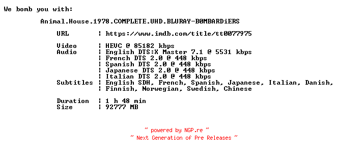 NFO for the release Animal.House.1978.COMPLETE.UHD.BLURAY-B0MBARDiERS by B0MBARDiERS