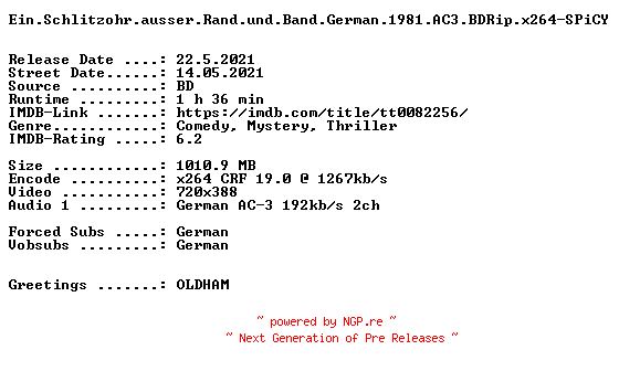 NFO for the release Ein.Schlitzohr.ausser.Rand.und.Band.German.1981.AC3.BDRip.x264-SPiCY by SPiCY
