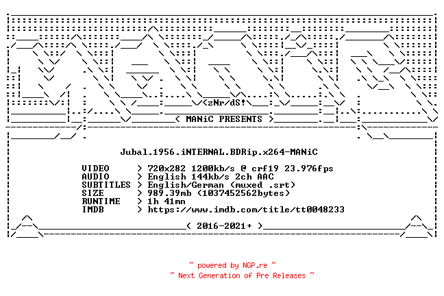 NFO for the release Jubal.1956.iNTERNAL.BDRip.x264-MANiC by MANiC
