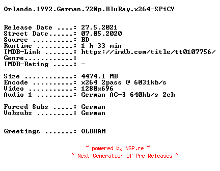 NFO for the release Orlando.1992.German.720p.BluRay.x264-SPiCY by SPiCY