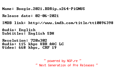 NFO for the release Boogie.2021.BDRip.x264-PiGNUS by PiGNUS
