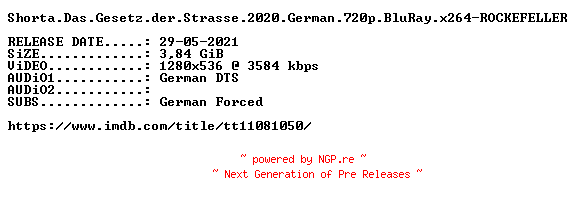 NFO for the release Shorta.Das.Gesetz.der.Strasse.2020.German.720p.BluRay.x264-ROCKEFELLER by ROCKEFELLER