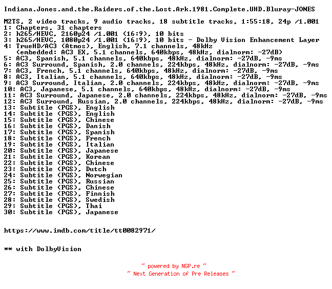 NFO for the release Indiana.Jones.and.the.Raiders.of.the.Lost.Ark.1981.Complete.UHD.Bluray-JONES by JONES