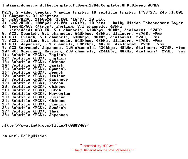 NFO for the release Indiana.Jones.and.the.Temple.of.Doom.1984.Complete.UHD.Bluray-JONES by JONES