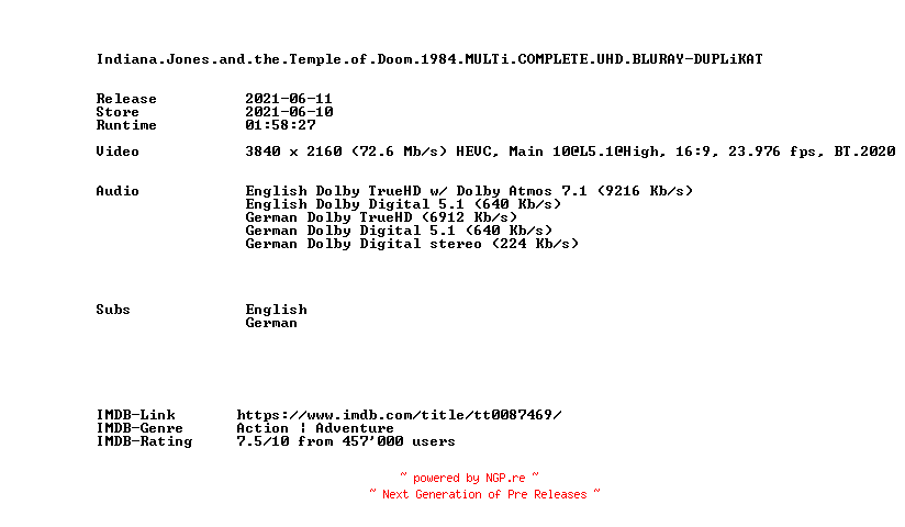 NFO for the release Indiana.Jones.and.the.Temple.of.Doom.1984.MULTi.COMPLETE.UHD.BLURAY-DUPLiKAT by DUPLiKAT