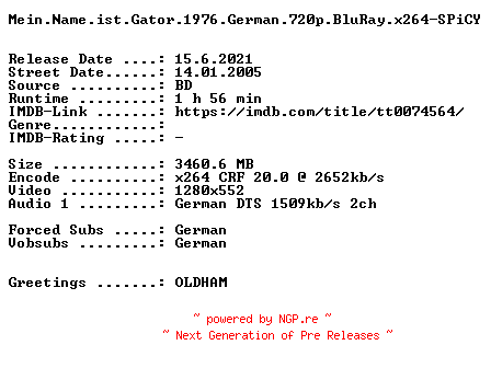 NFO for the release Mein.Name.ist.Gator.1976.German.720p.BluRay.x264-SPiCY by SPiCY