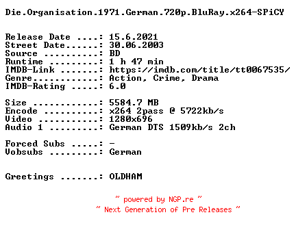 NFO for the release Die.Organisation.1971.German.720p.BluRay.x264-SPiCY by SPiCY