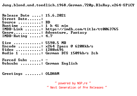 NFO for the release Jung.blond.und.toedlich.1968.German.720p.BluRay.x264-SPiCY by SPiCY
