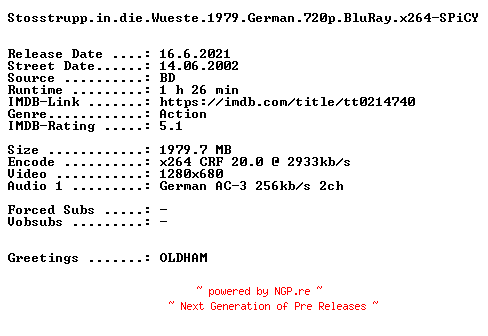 NFO for the release Stosstrupp.in.die.Wueste.1979.German.720p.BluRay.x264-SPiCY by SPiCY