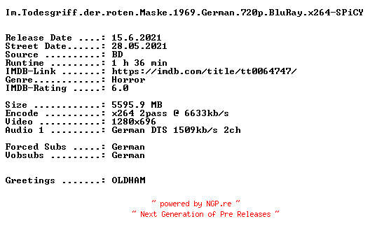 NFO for the release Im.Todesgriff.der.roten.Maske.1969.German.720p.BluRay.x264-SPiCY by SPiCY