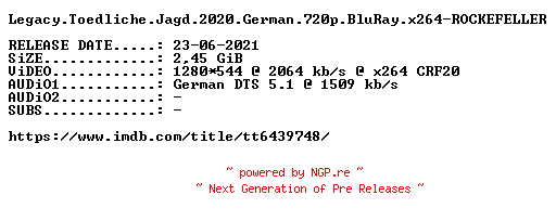 NFO for the release Legacy.Toedliche.Jagd.2020.German.720p.BluRay.x264-ROCKEFELLER by ROCKEFELLER
