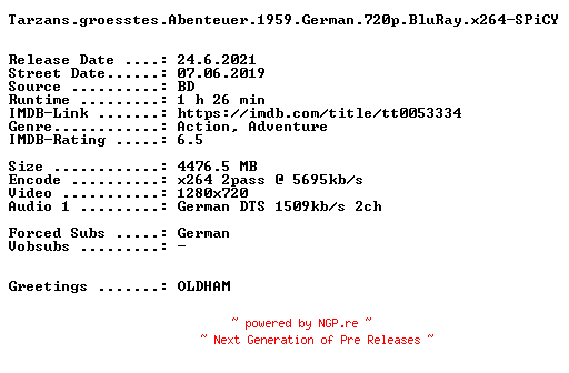 NFO for the release Tarzans.groesstes.Abenteuer.1959.German.720p.BluRay.x264-SPiCY by SPiCY