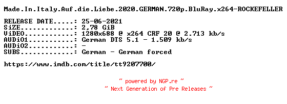 NFO for the release Made.In.Italy.Auf.die.Liebe.2020.GERMAN.720p.BluRay.x264-ROCKEFELLER by ROCKEFELLER
