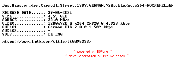 NFO for the release Das.Haus.an.der.Carroll.Street.1987.GERMAN.720p.BluRay.x264-ROCKEFELLER by ROCKEFELLER