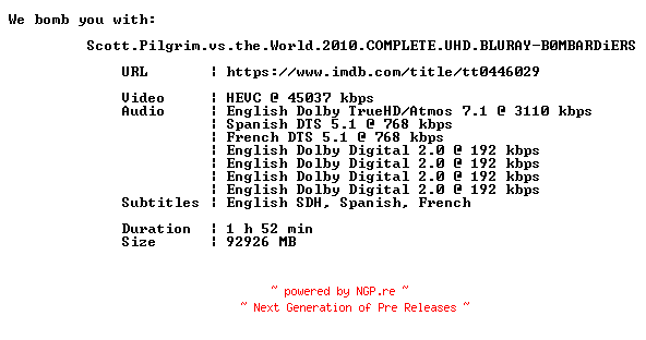 NFO for the release Scott.Pilgrim.vs.the.World.2010.COMPLETE.UHD.BLURAY-B0MBARDiERS by B0MBARDiERS