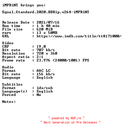 NFO for the release Equal.Standard.2020.BDRip.x264-iMPRiNT by iMPRiNT