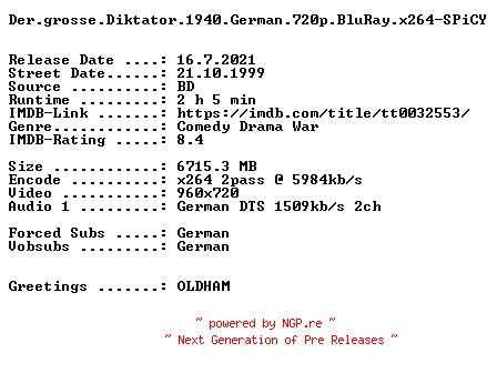 NFO for the release Der.grosse.Diktator.1940.German.720p.BluRay.x264-SPiCY by SPiCY