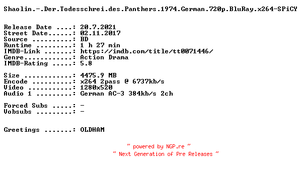 NFO for the release Shaolin.-.Der.Todesschrei.des.Panthers.1974.German.720p.BluRay.x264-SPiCY by SPiCY